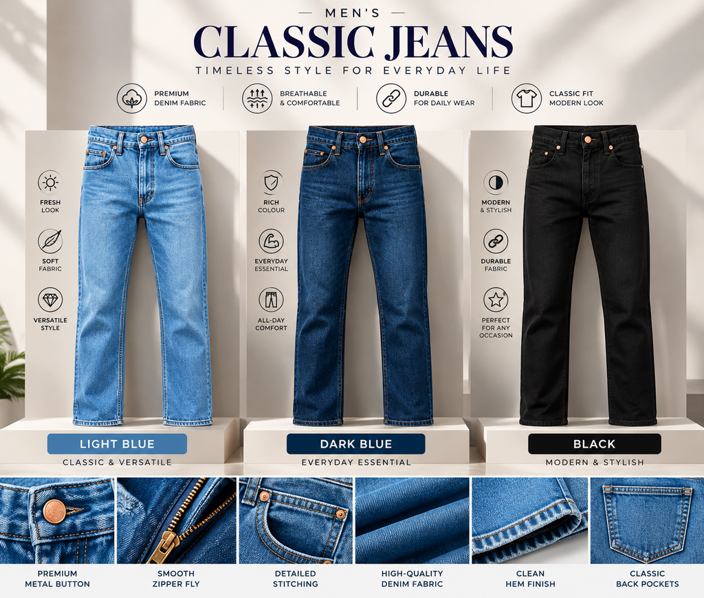 Men's classic denim jeans collection in black, light blue and dark blue