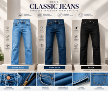 Load image into Gallery viewer, Men's classic denim jeans collection in black, light blue and dark blue