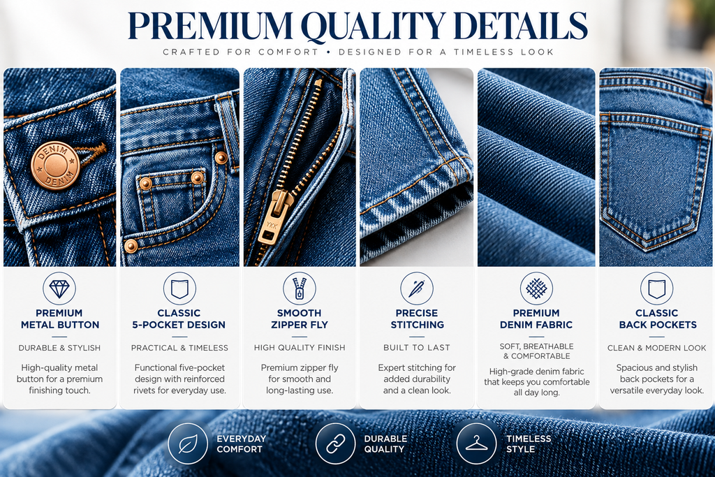 Close-up details of men's heavy duty denim jeans: rivets, buttons and pockets